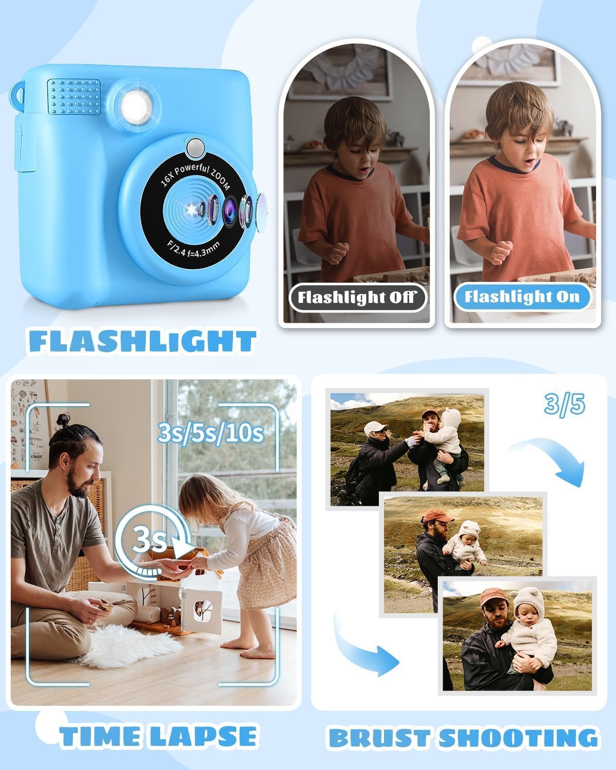 Instant Print Camera for Kids with Video and Digital Zoom