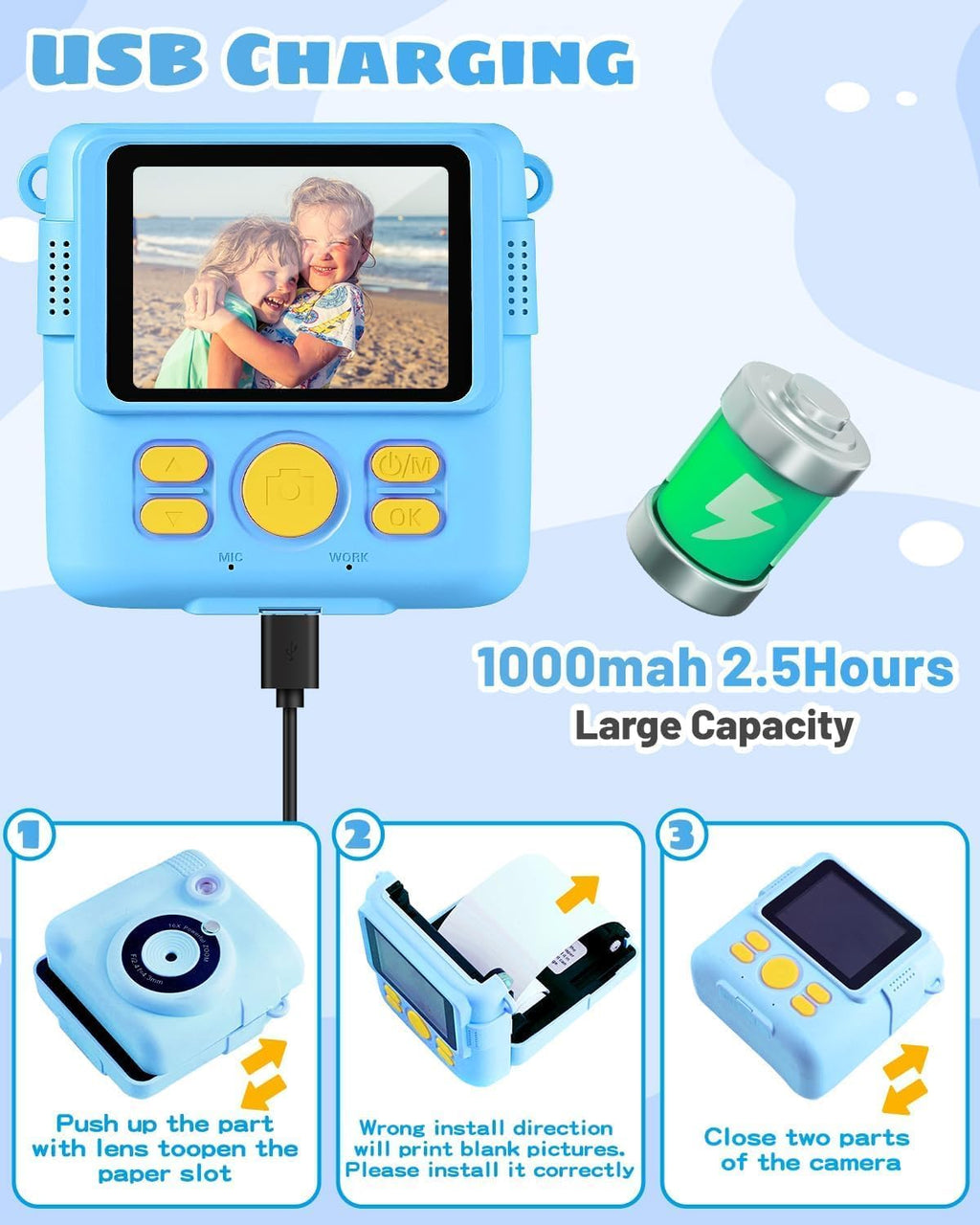 Instant Print Camera for Kids with Video and Digital Zoom