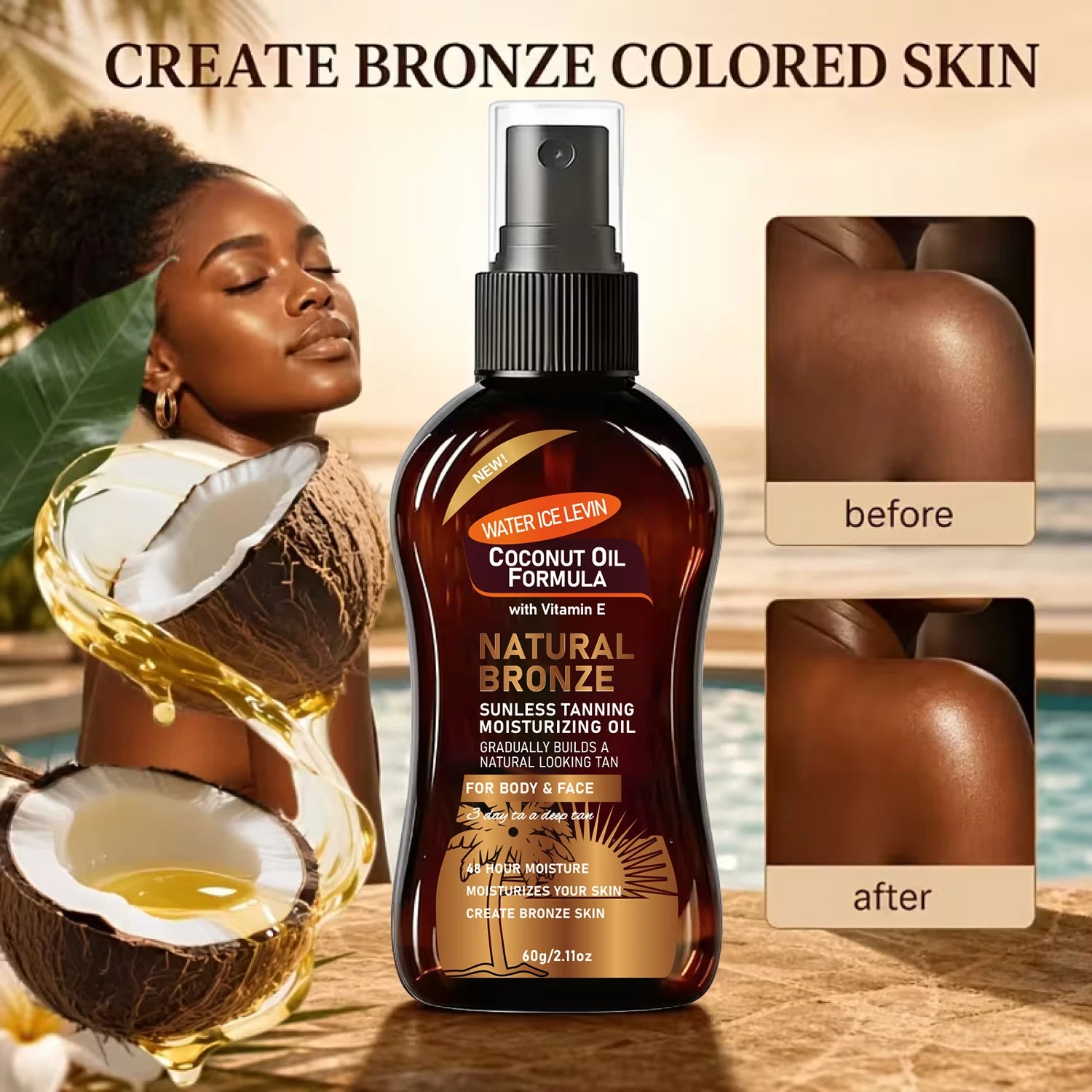 Coconut Vitamin E Self Tanning Oil Gradual Bronzing Body Face Glow - 7
