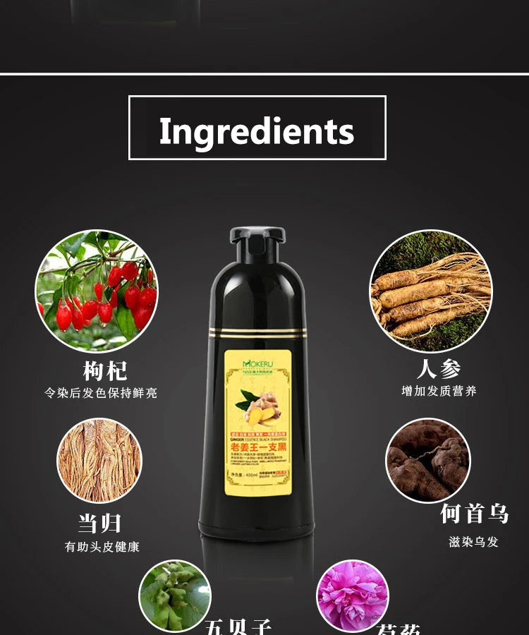 Natural Ginger Herbal Hair Dye Shampoo 500ml for Gray Hair Coverage