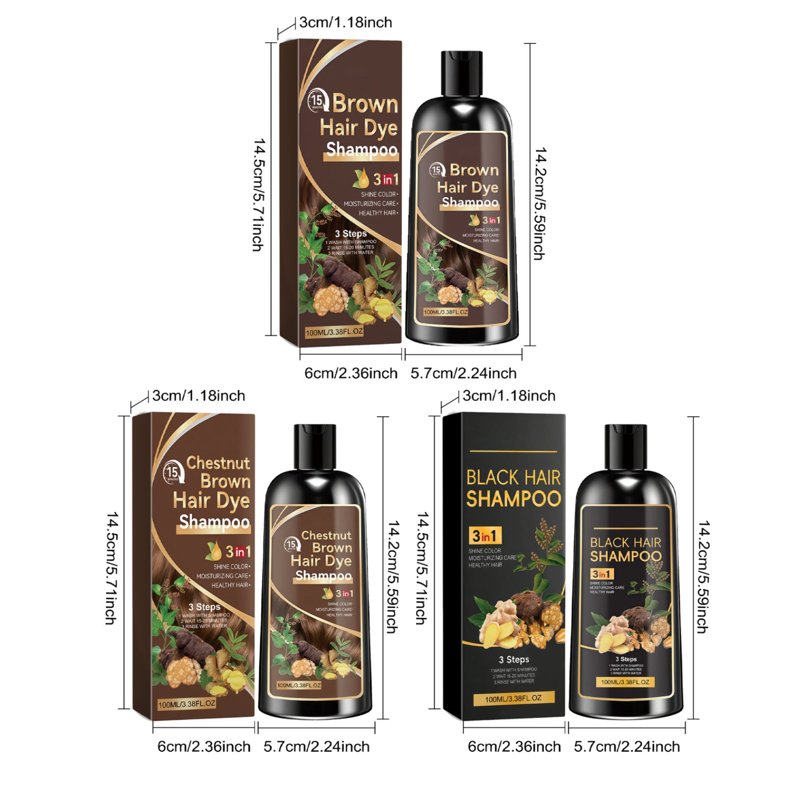 3 in 1 Herbal Ginger Hair Dye Shampoo for Gray and White Hair Coverage