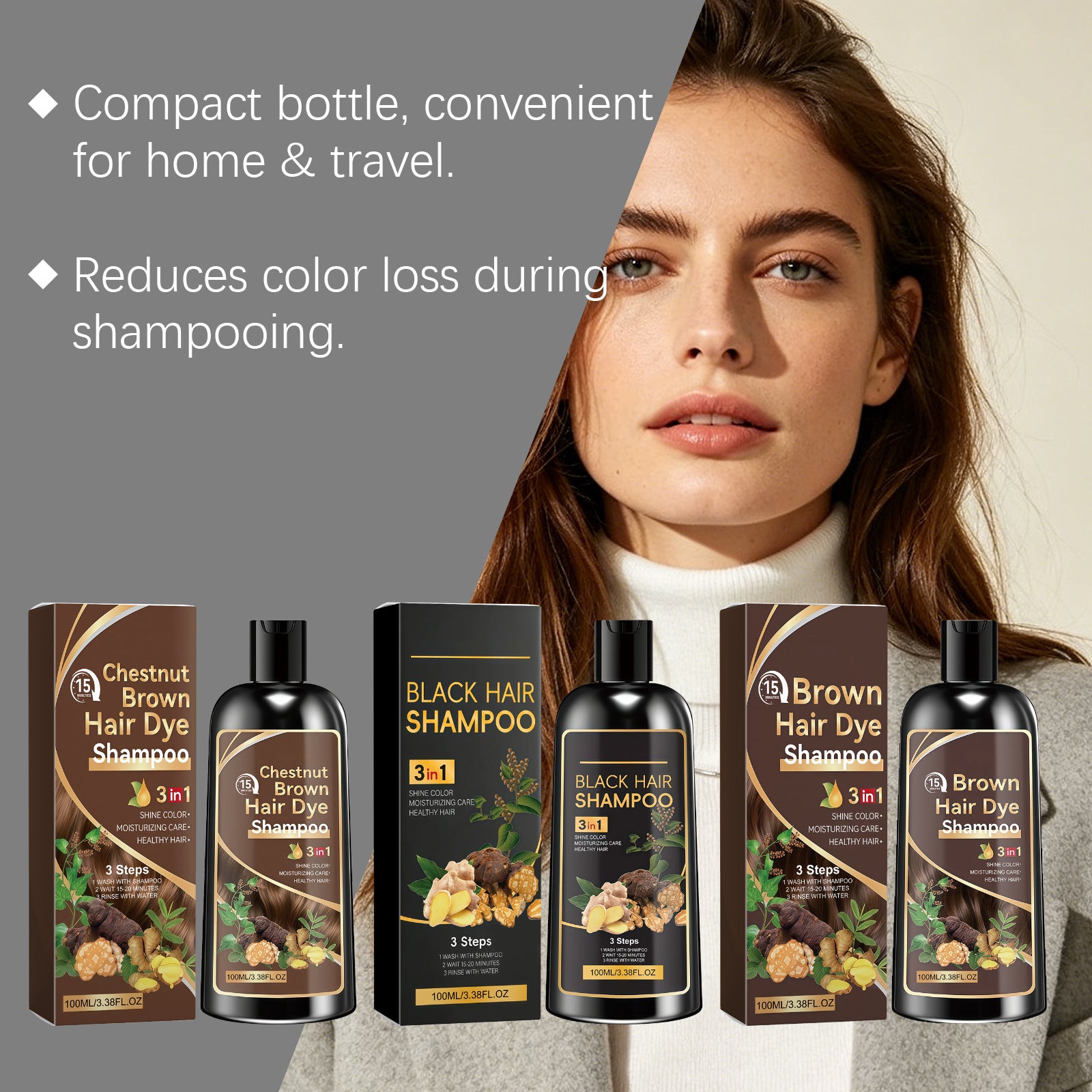 3 in 1 Herbal Ginger Hair Dye Shampoo for Gray and White Hair Coverage