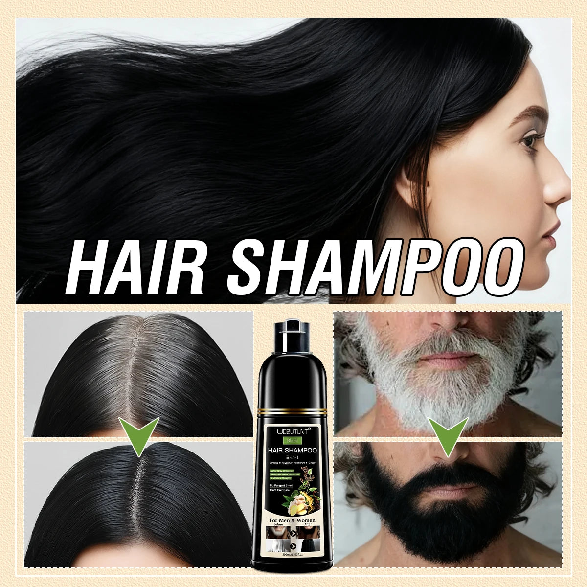 3 in 1 Black Hair Dye Shampoo and Soap for Gray Hair Coverage