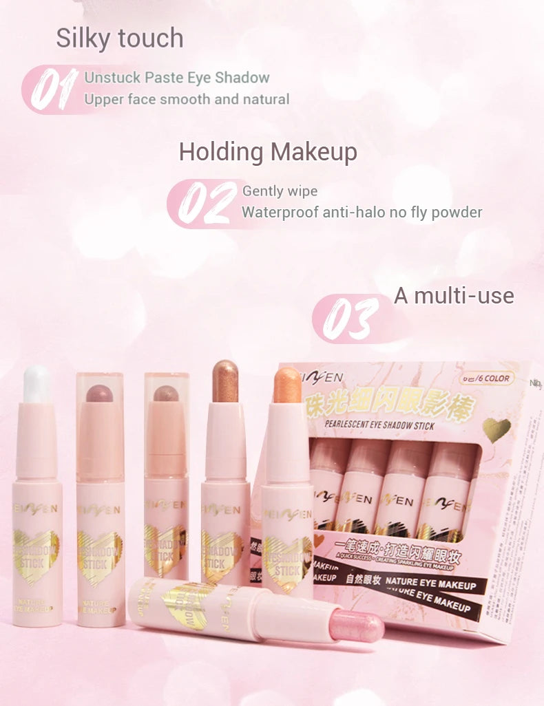 Peiyen 6 Piece Pearlescent Eyeshadow Stick Set Waterproof Shimmer Makeup