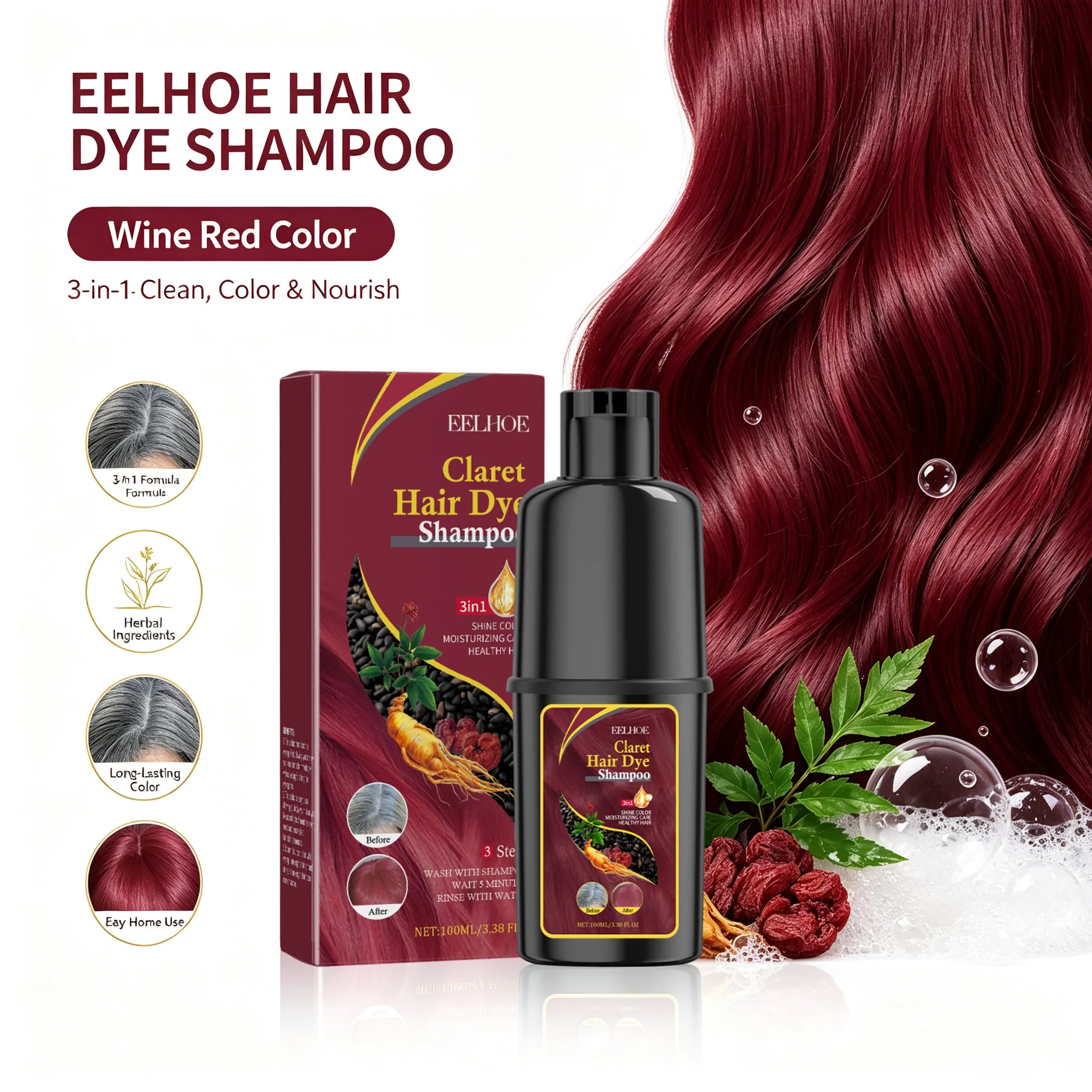 3 In 1 Wine Red Hair Dye Shampoo Natural Herbal Instant Color 100ml