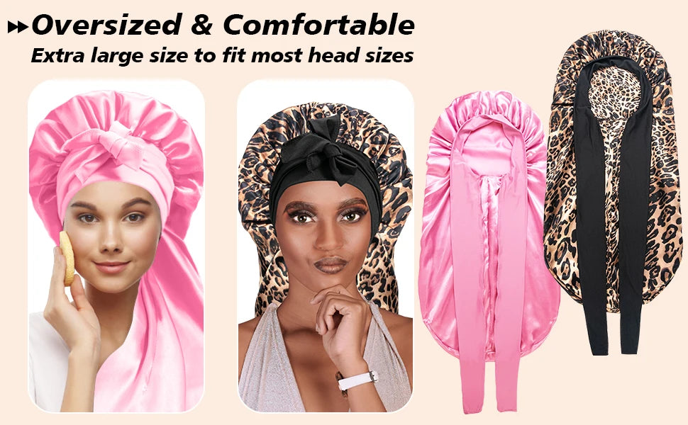 2 Pack Silk Sleep Bonnet Adjustable Hair Protection Cap for Frizz Control