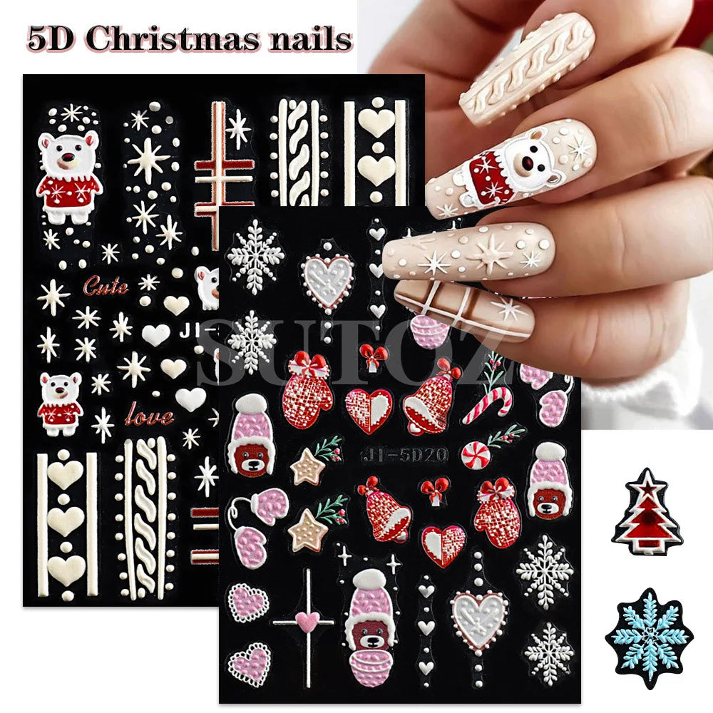 5D Embossed Christmas Nail Art Stickers for Holiday Manicures