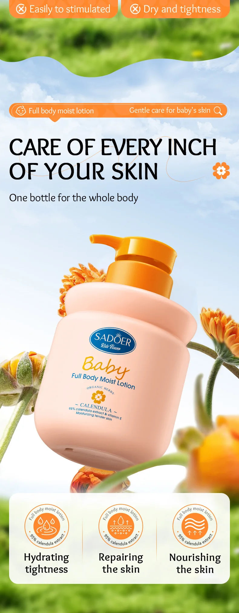 Sadoer Calendula Vitamin E Body Lotion Moisturizing Kids Cream 400ml