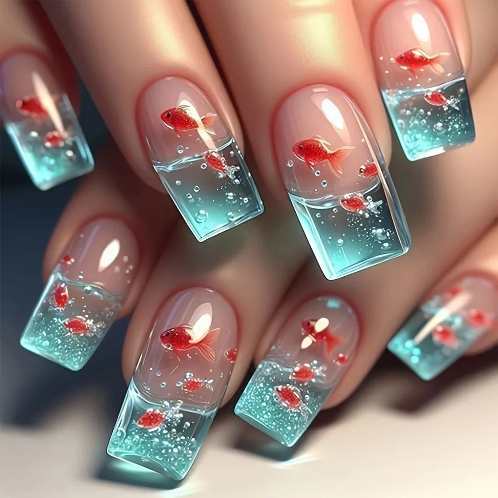 Goldfish Print French Tip Press On Nails Square False Nail Art Set
