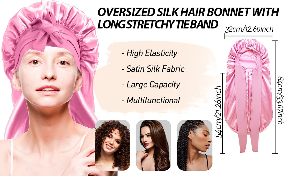 2 Pack Silk Sleep Bonnet Adjustable Hair Protection Cap for Frizz Control