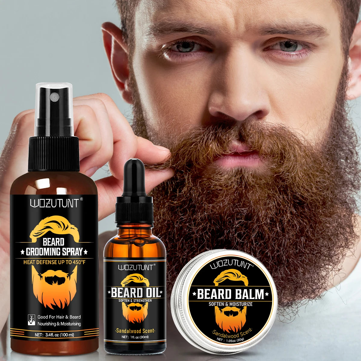 Beard Grooming Kit Oil Balm and Spray Set for Facial Hair Care