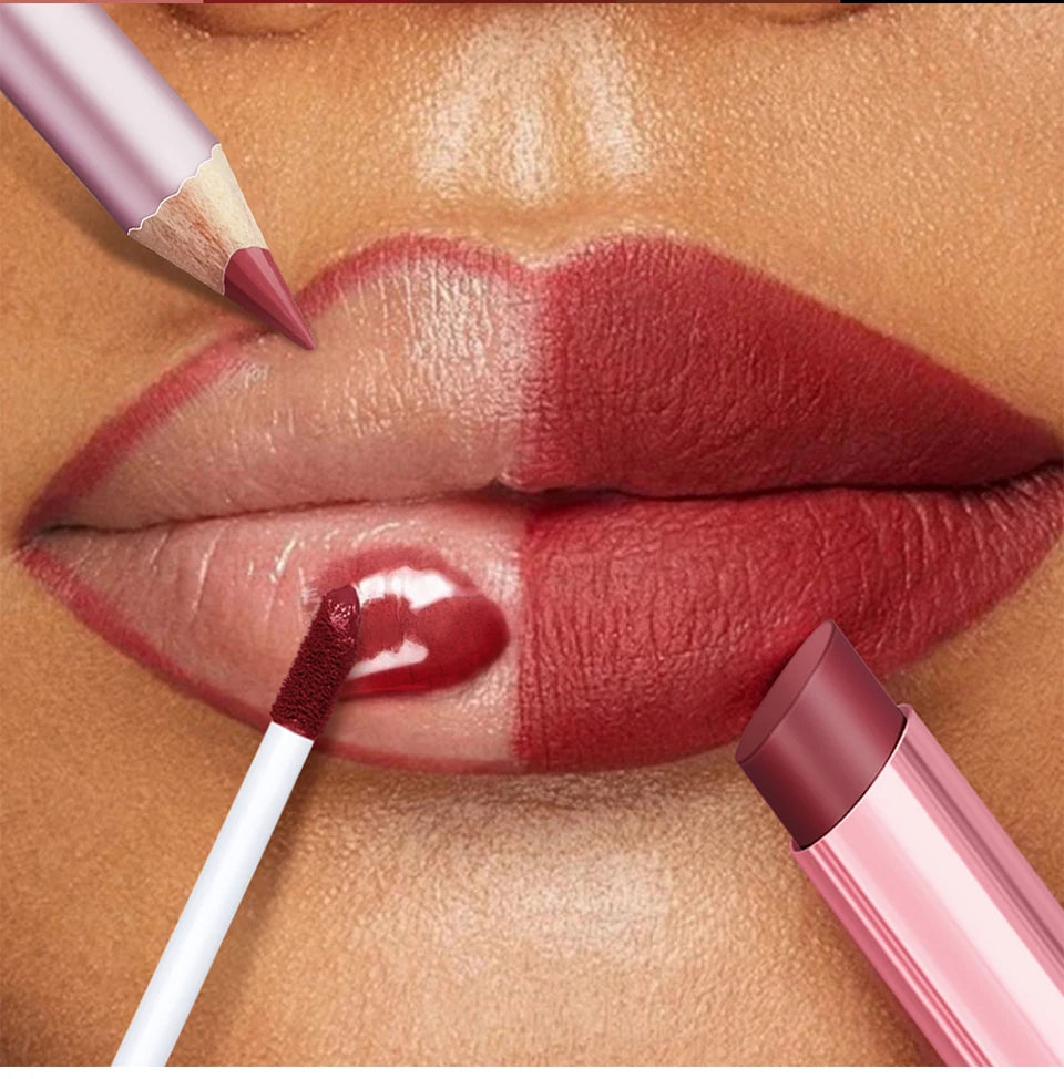All-in-One Waterproof Lip Liner, Lipstick and Gloss Makeup Set