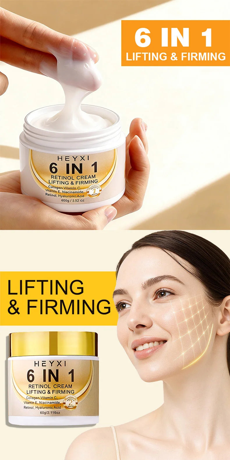 Heyxi 6-in-1 Retinol Face Cream Anti-Aging Moisturizer and Firming Lotion