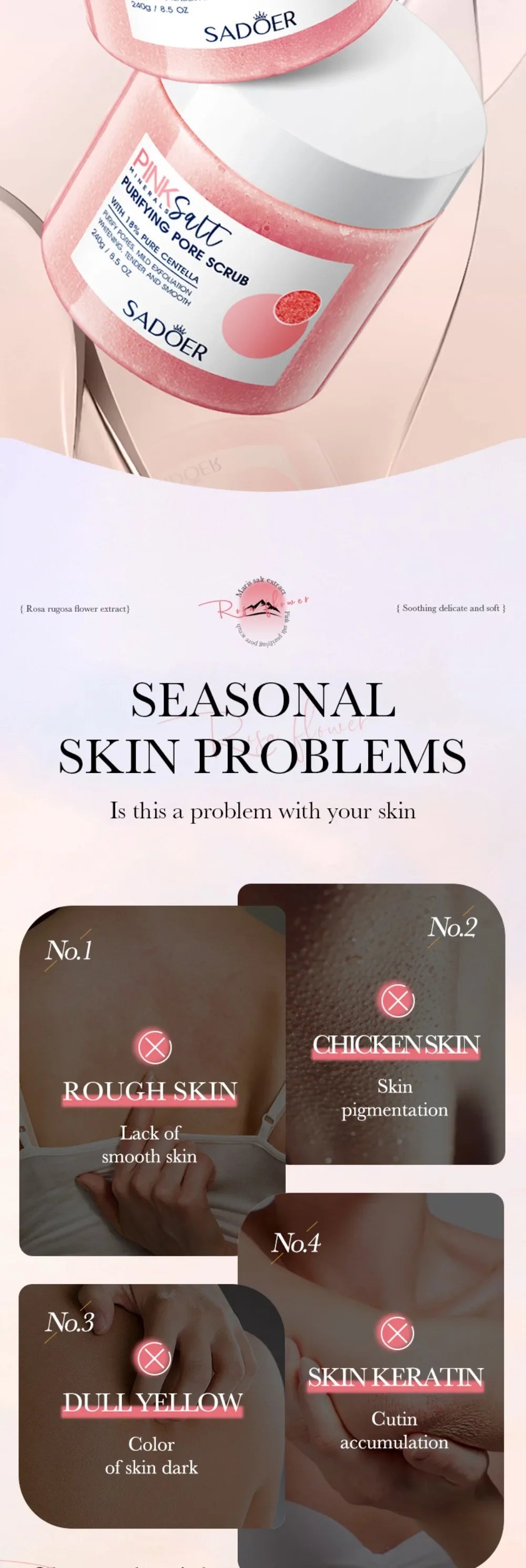 Sadoer Pink Himalayan Salt Body Scrub Exfoliating Pore Cleanser 240g - 7