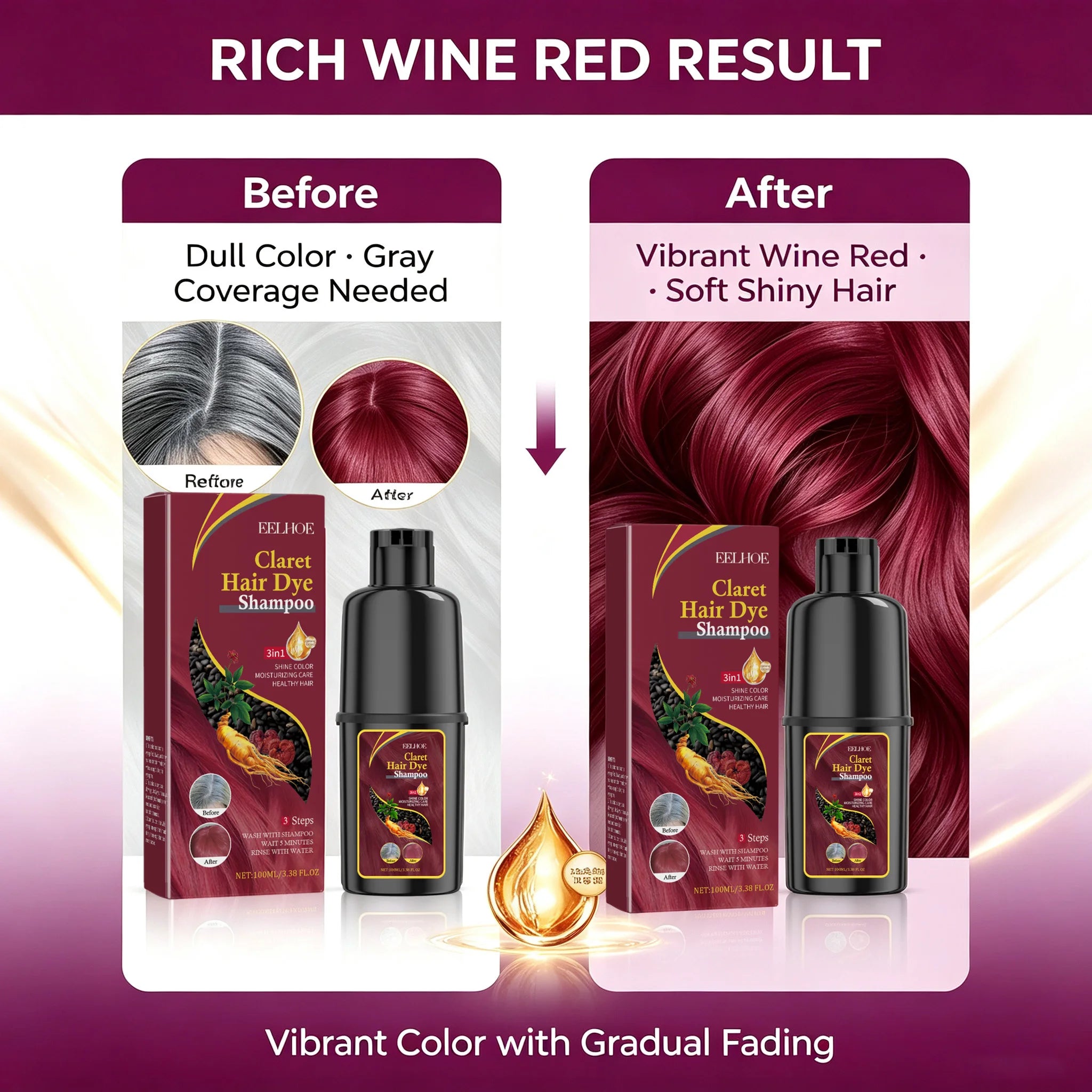 3 In 1 Wine Red Hair Dye Shampoo Natural Herbal Instant Color 100ml
