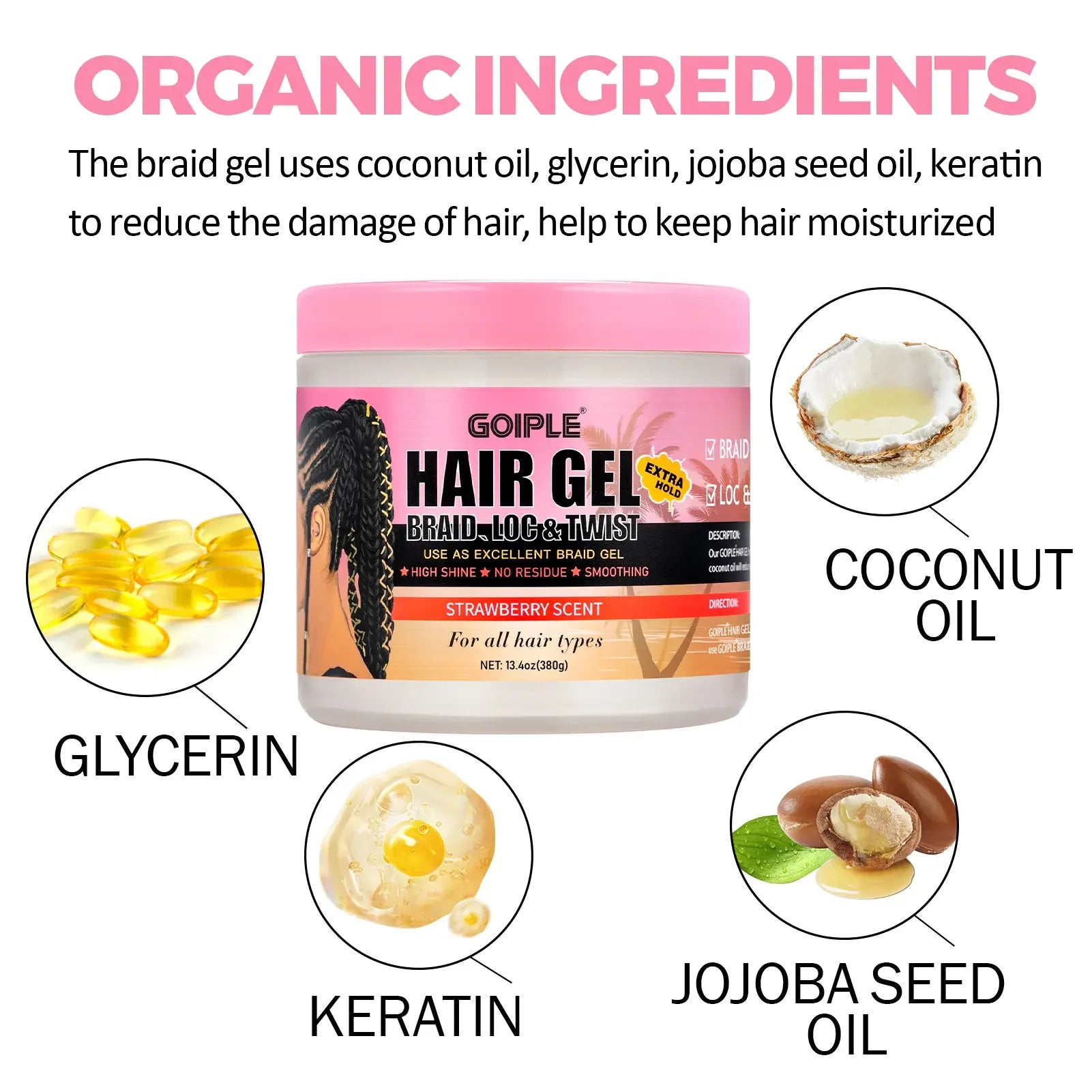 380g Strawberry Scent Hair Styling Gel for Braid Loc and Twist