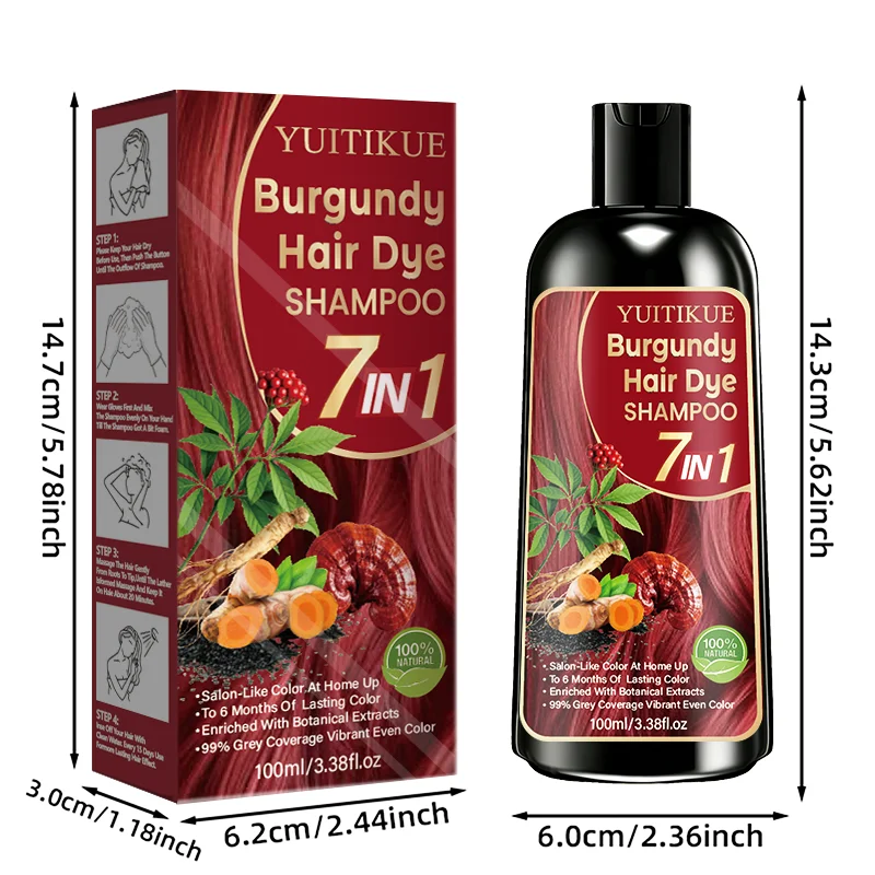 Burgundy 7 in 1 Hair Dye Shampoo with Natural Plant Extracts - 16