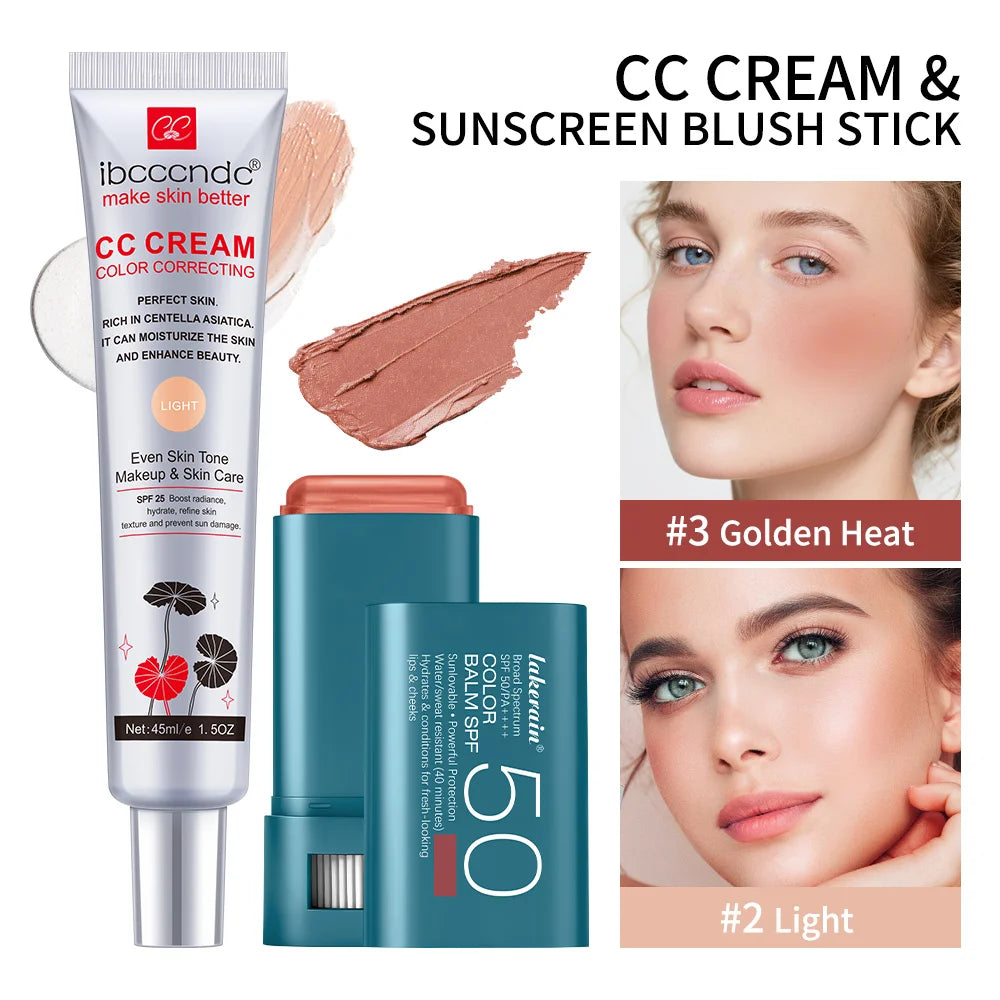 Color Correcting CC Cream and Sunscreen Blush Stick Set - 39