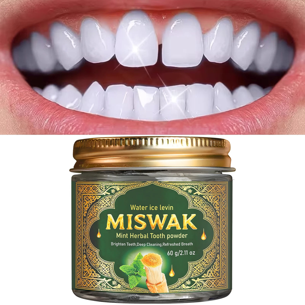 Miswak Mint Herbal Tooth Powder Charcoal Teeth Whitening 60g
