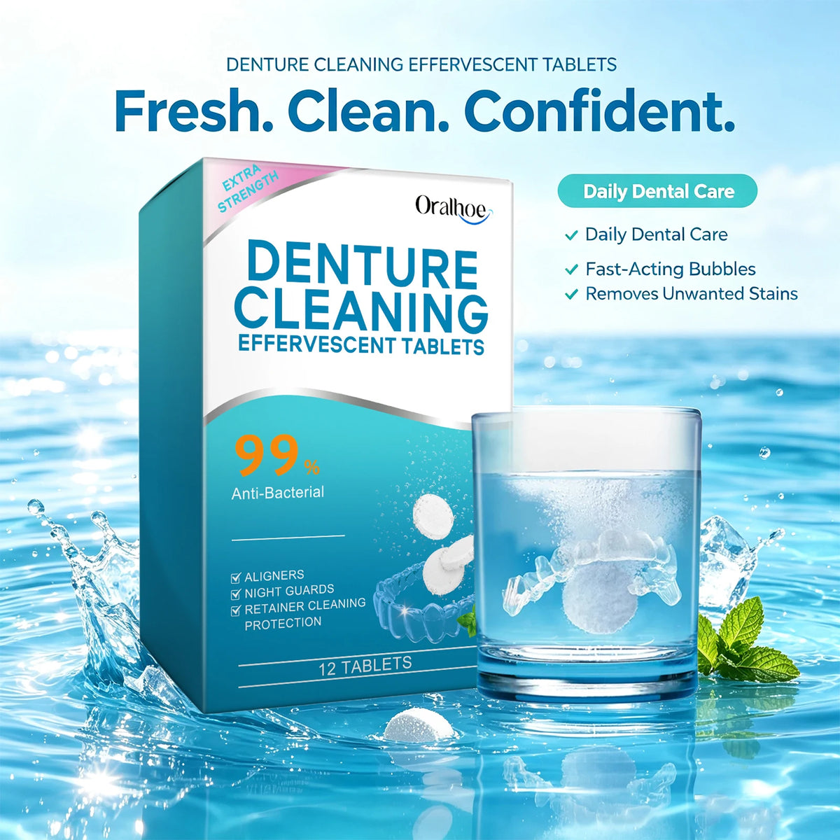 Effervescent Denture Cleaning Tablets for Freshness and Stain Removal