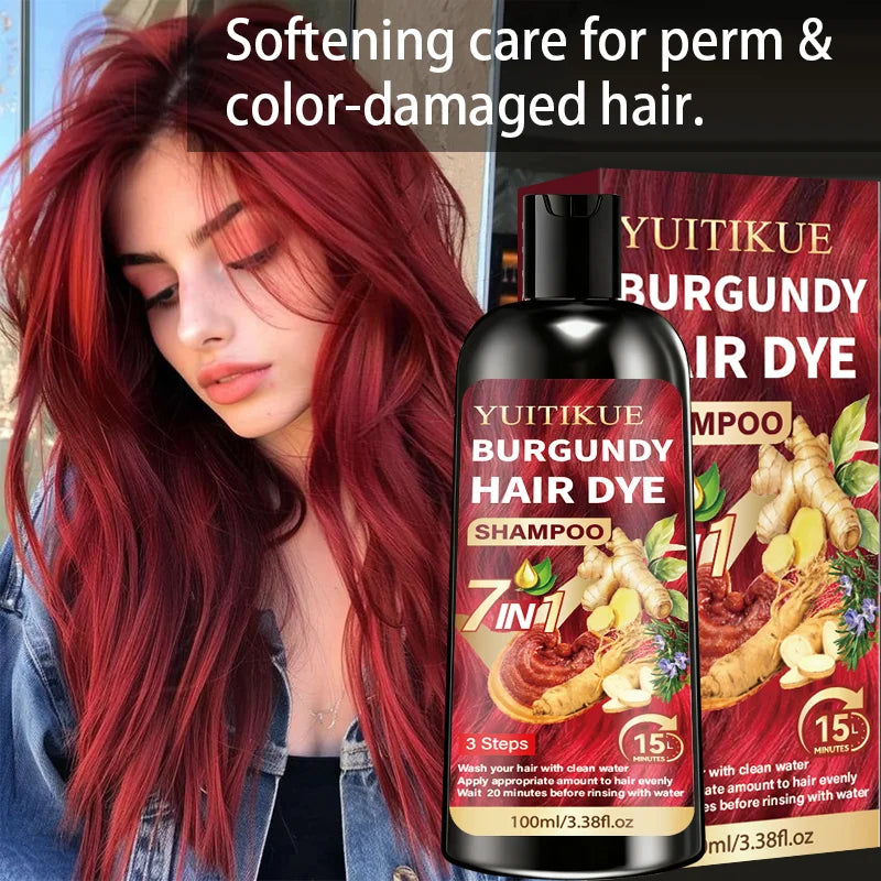 100ml Burgundy Herbal Hair Dye Shampoo 7 in 1 Color Treatment