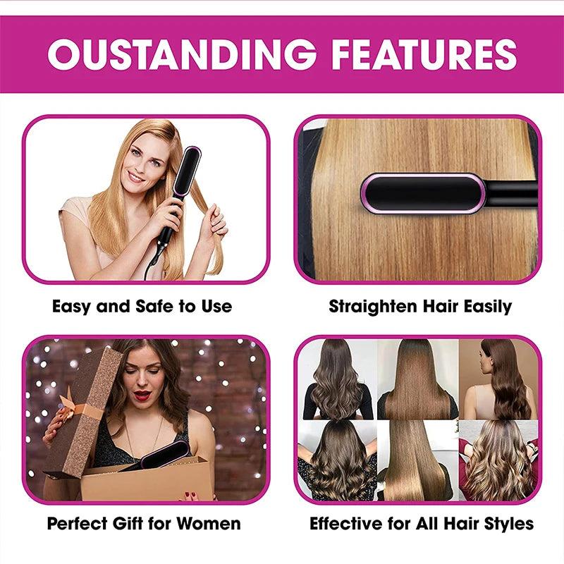Professional Ceramic Hair Straightener Brush Fast Heating Styling Tool