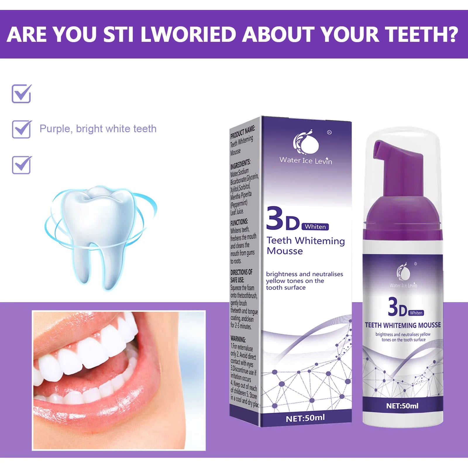 Purple Teeth Whitening Mousse Deep Cleaning Foam Toothpaste 50ml - 8