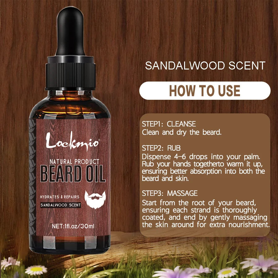 Lockmio Natural Beard Growth Oil Sandalwood Scent Grooming Treatment