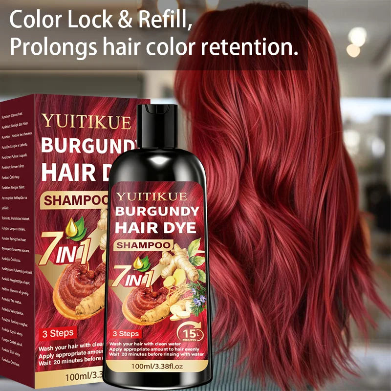 100ml Burgundy Herbal Hair Dye Shampoo 7 in 1 Color Treatment