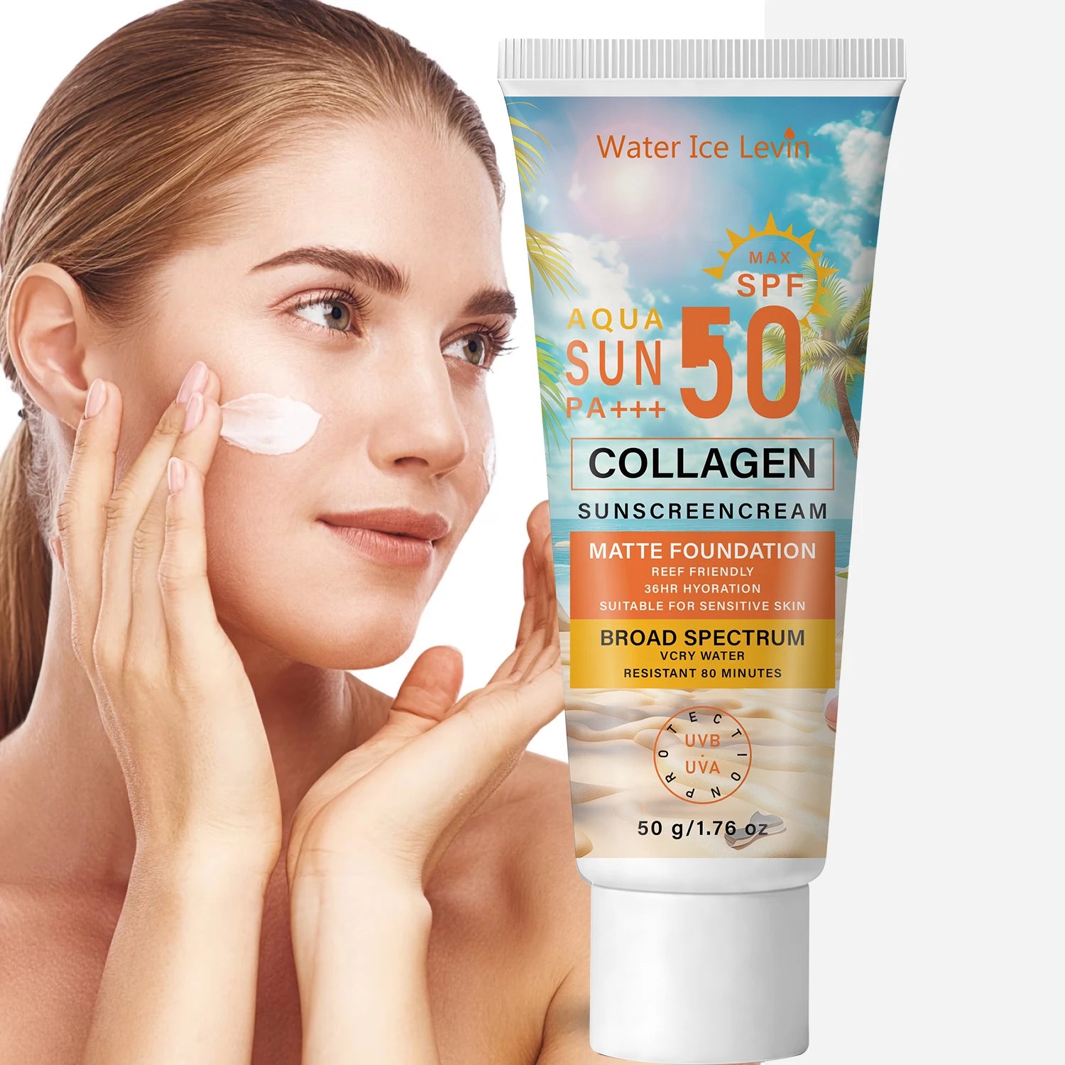 Water Ice Levin Collagen Sunscreen SPF50 PA+++ Hydrating Body Sun Care - 8