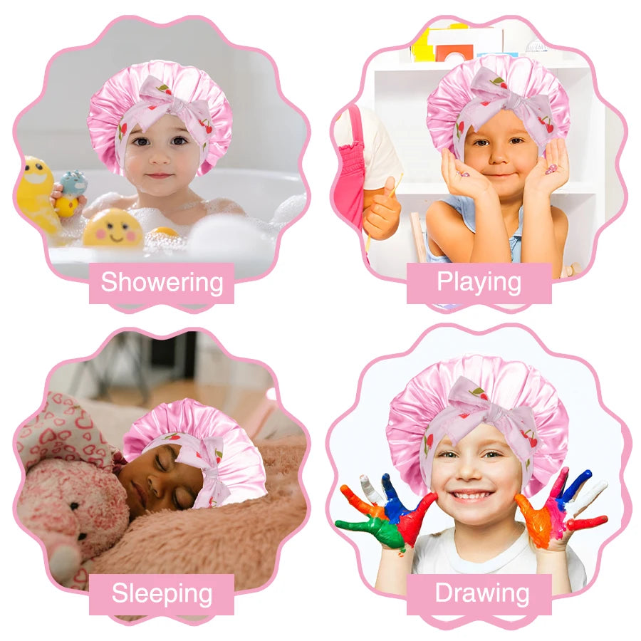 Kids Satin Sleep Bonnet With Bow Tie Adjustable Hair Care Night Cap - 6