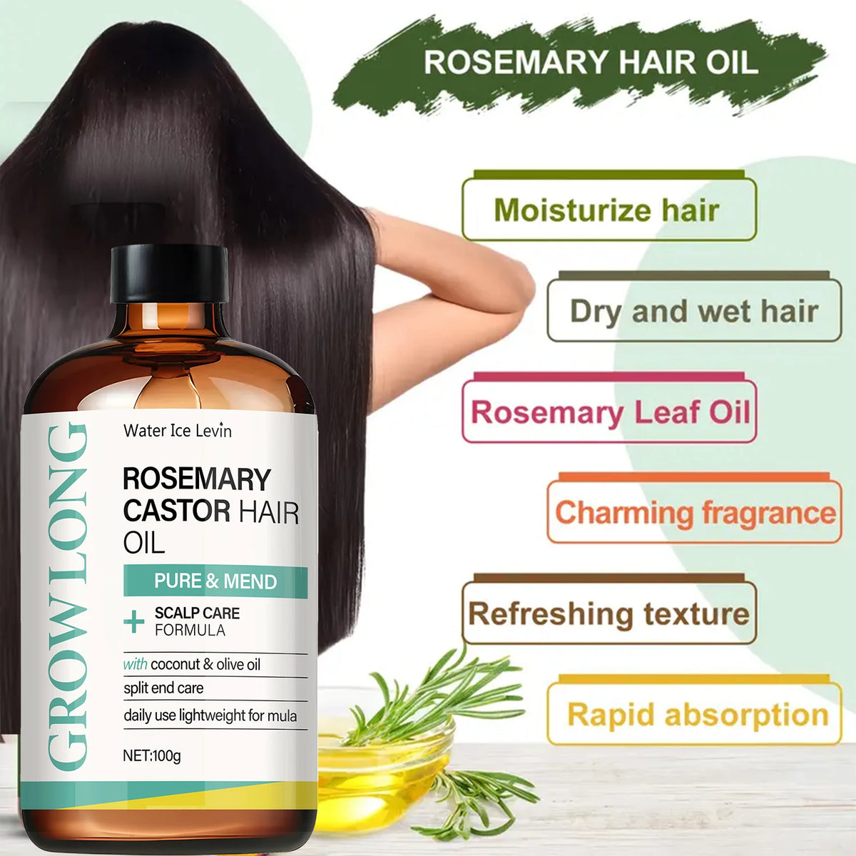 Rosemary Castor Hair Oil Scalp Care and Split End Repair Treatment