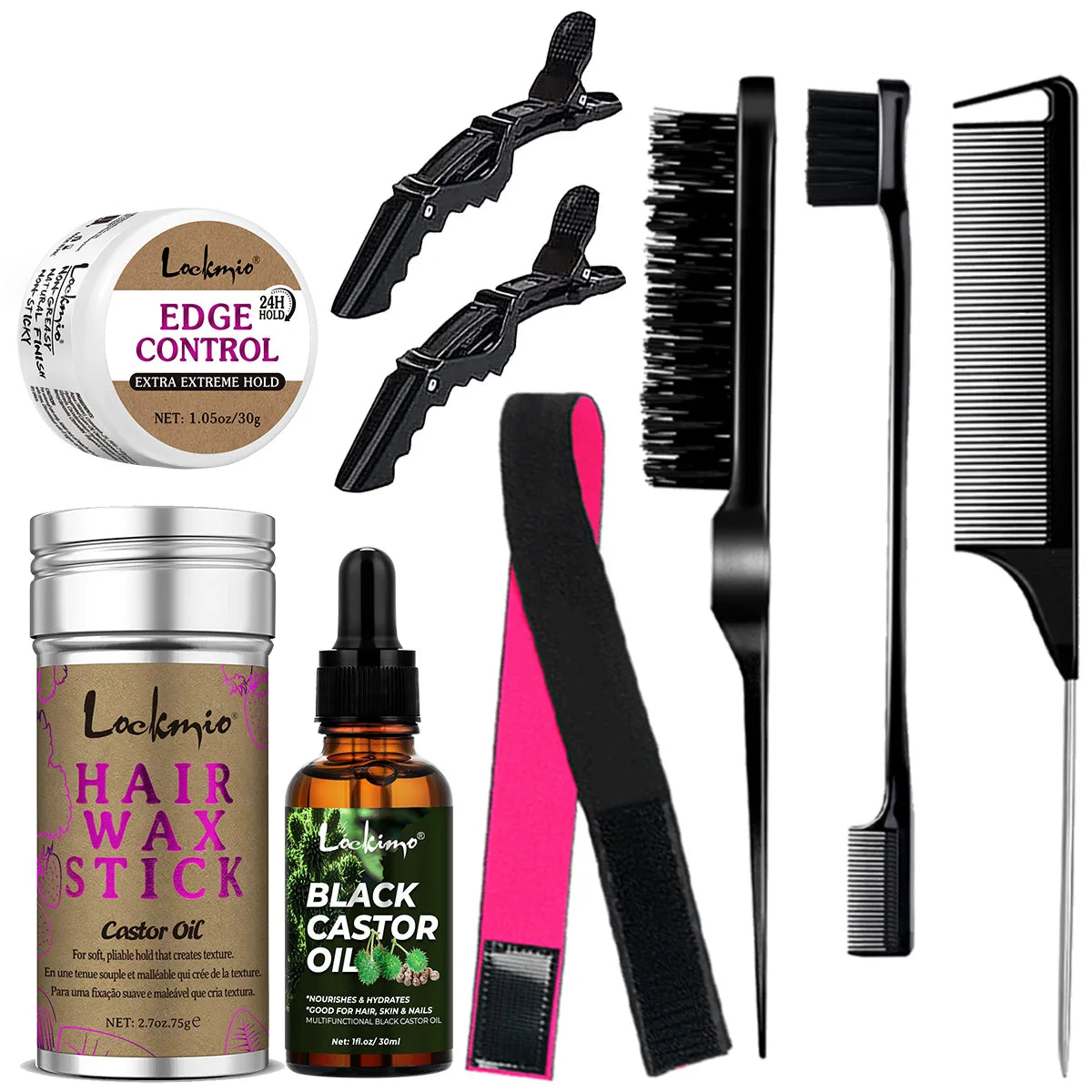 Hair Styling Wax Stick Edge Control Gel and Black Castor Oil Set