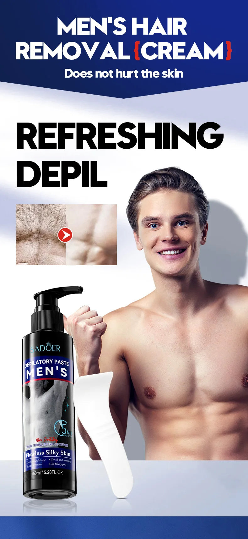 Sadoer Mens Hair Removal Cream Smooth Body Depilatory Cream 150ml - 6