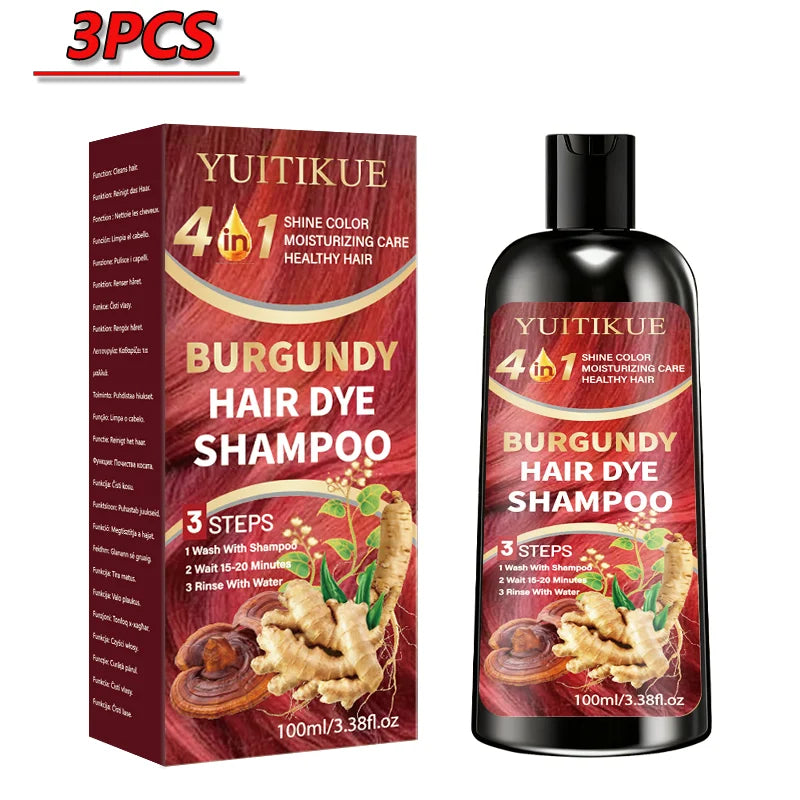 4 in 1 Burgundy Hair Dye Shampoo Natural Ginger Herbal Formula 100ml