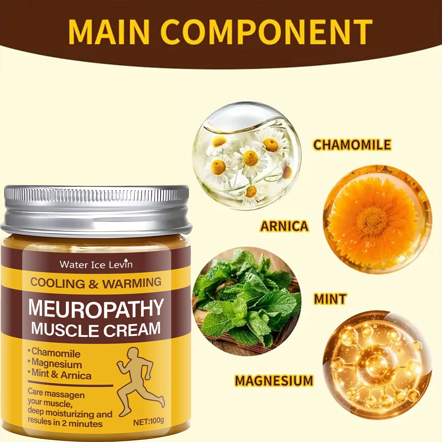 Neuropathy Muscle Cream Cooling Warming Magnesium Recovery Balm 100g - 3