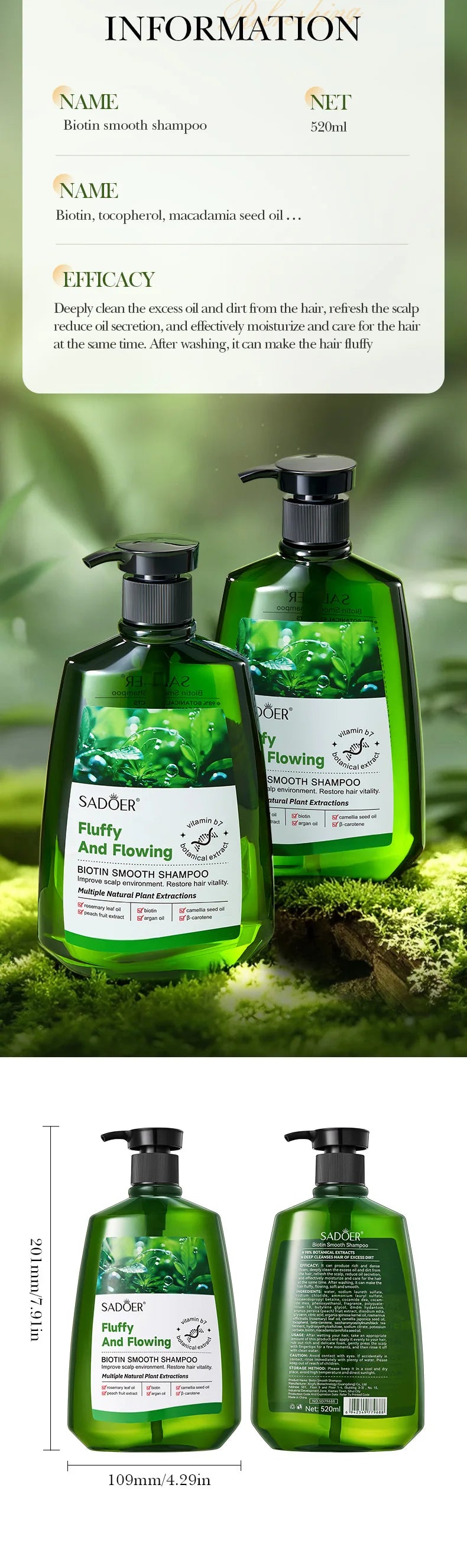 Sadoer Biotin Softening Shampoo 520ml Deep Cleansing Moisturizing Wash