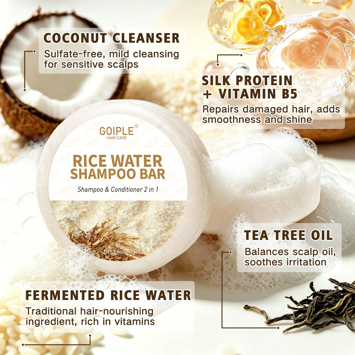 Rice Water Shampoo Bar 2-in-1 Cleansing and Conditioning Hair Soap - 11
