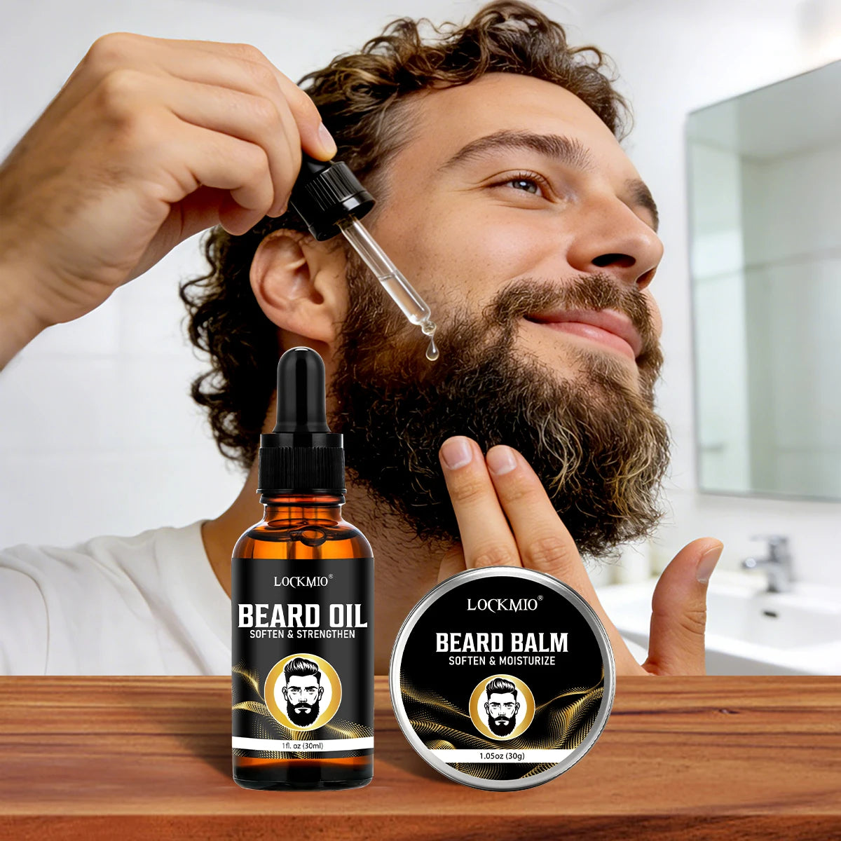 LOCKMIO Beard Care Kit Men Grooming Set Oil Balm and Styling Tools - 6