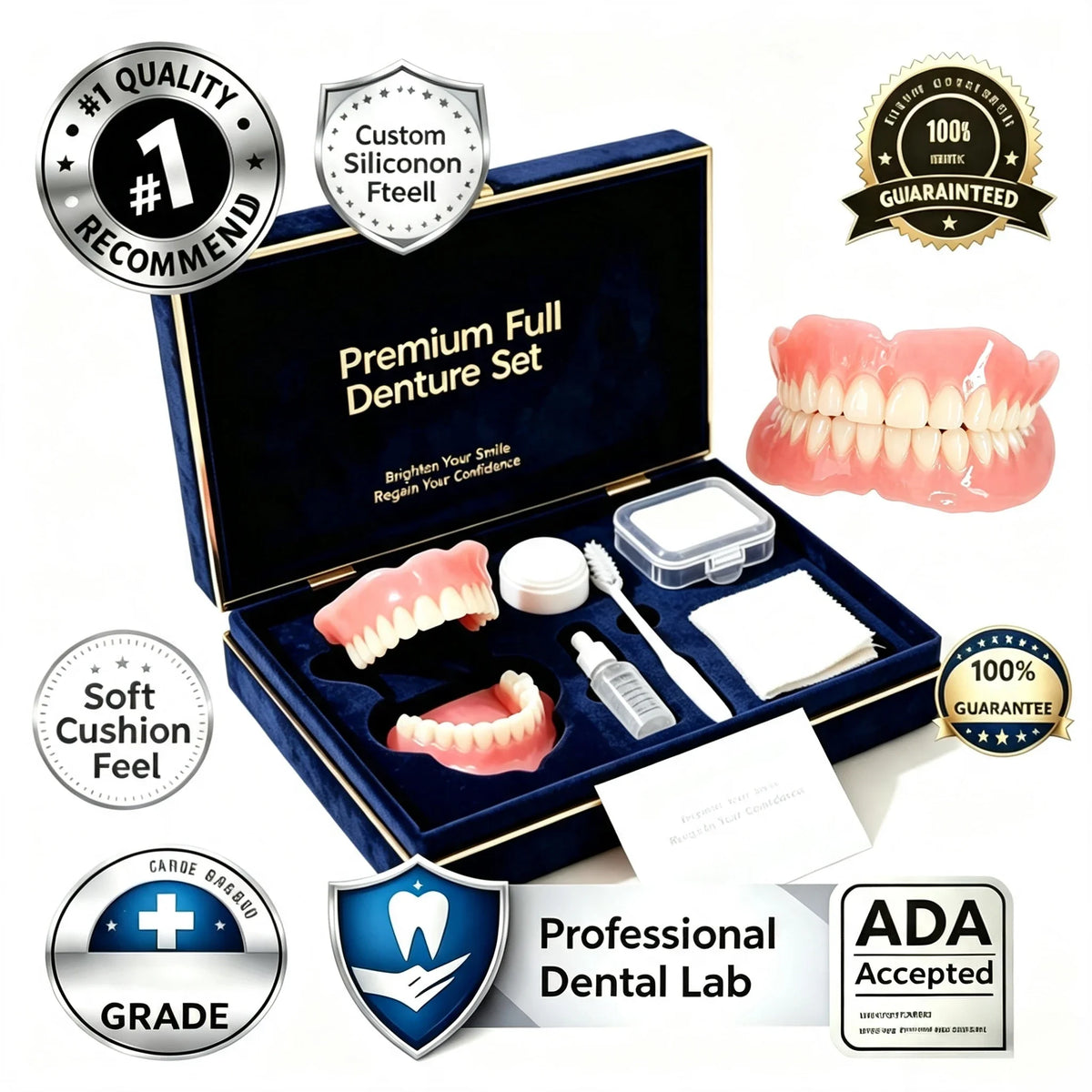 Full Mouth Denture Set with Cleaning Tools and Storage Case