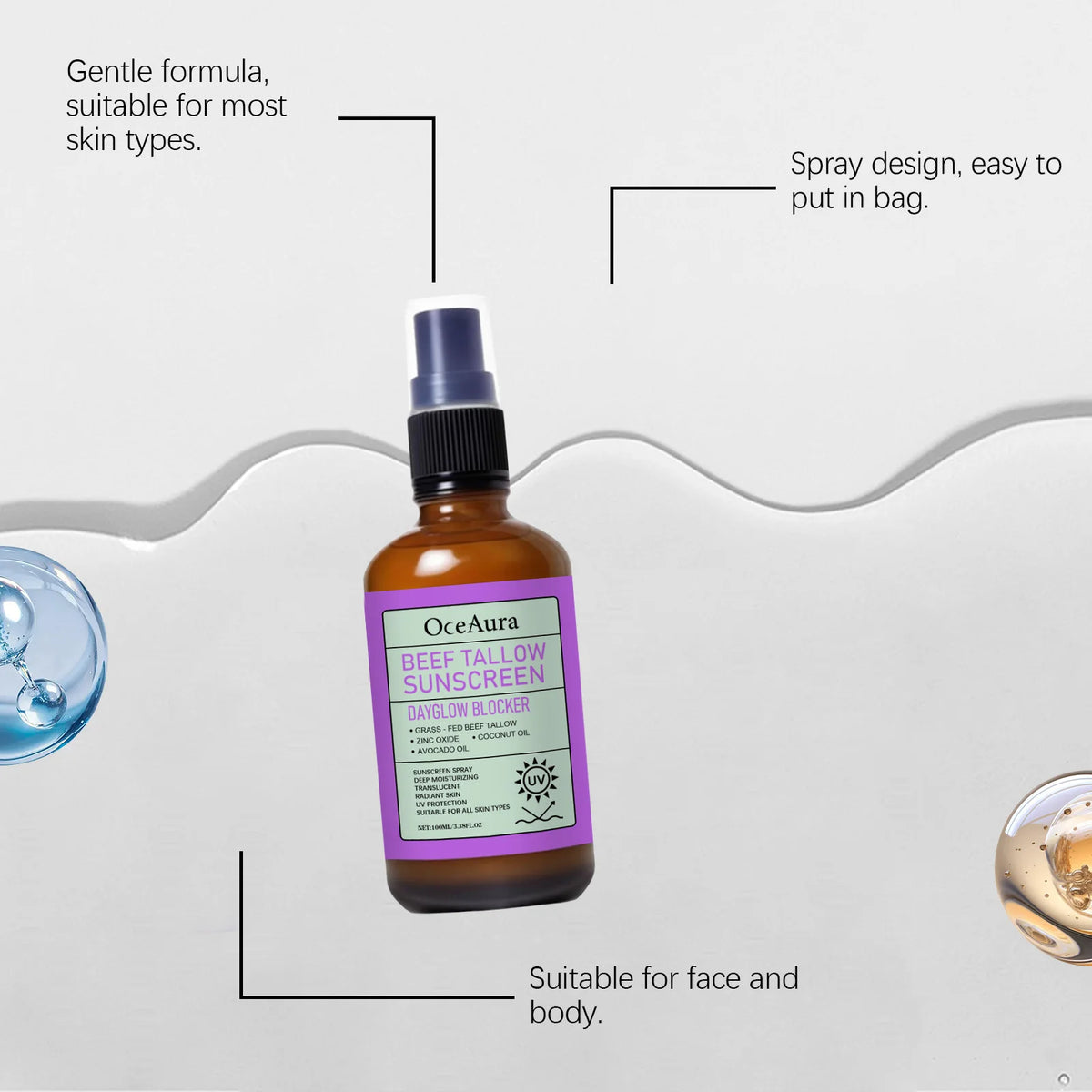 OceAura Beef Tallow Sunscreen Spray Moisturizing UV Protection Mist