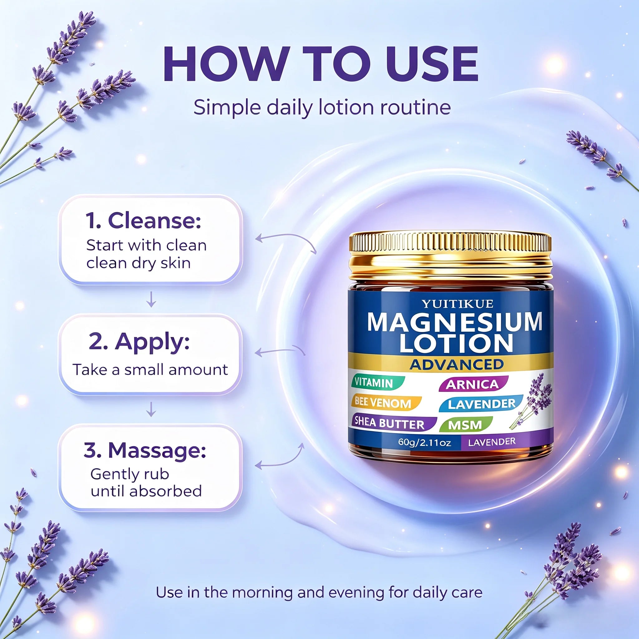 YUITIKUE Lavender Magnesium Body Lotion for Dry Skin Relief 60g - 8