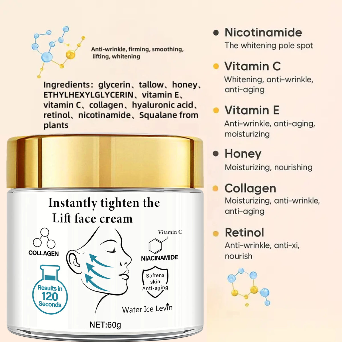 Instant Lift Face Cream Vitamin C Niacinamide Firming Anti Aging Moisturizer