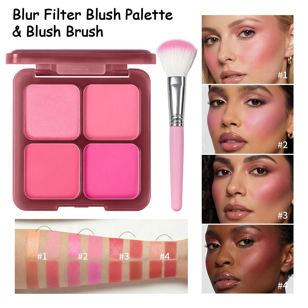 4-Color Matte Pigmented Blush Palette with Brush