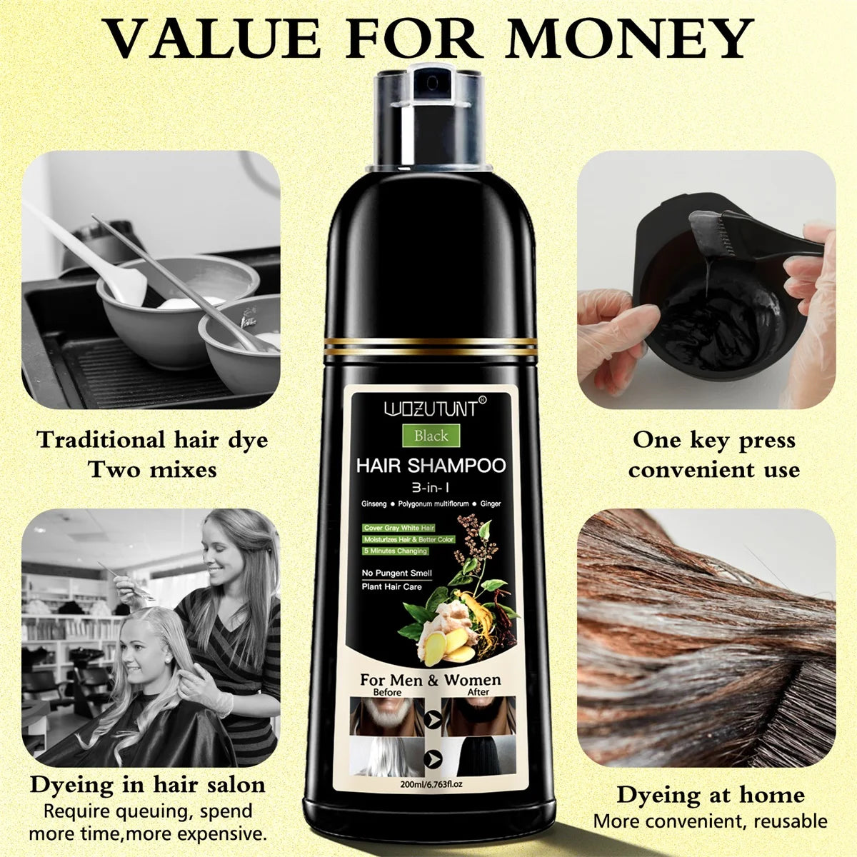 3 in 1 Black Hair Dye Shampoo and Soap for Gray Hair Coverage