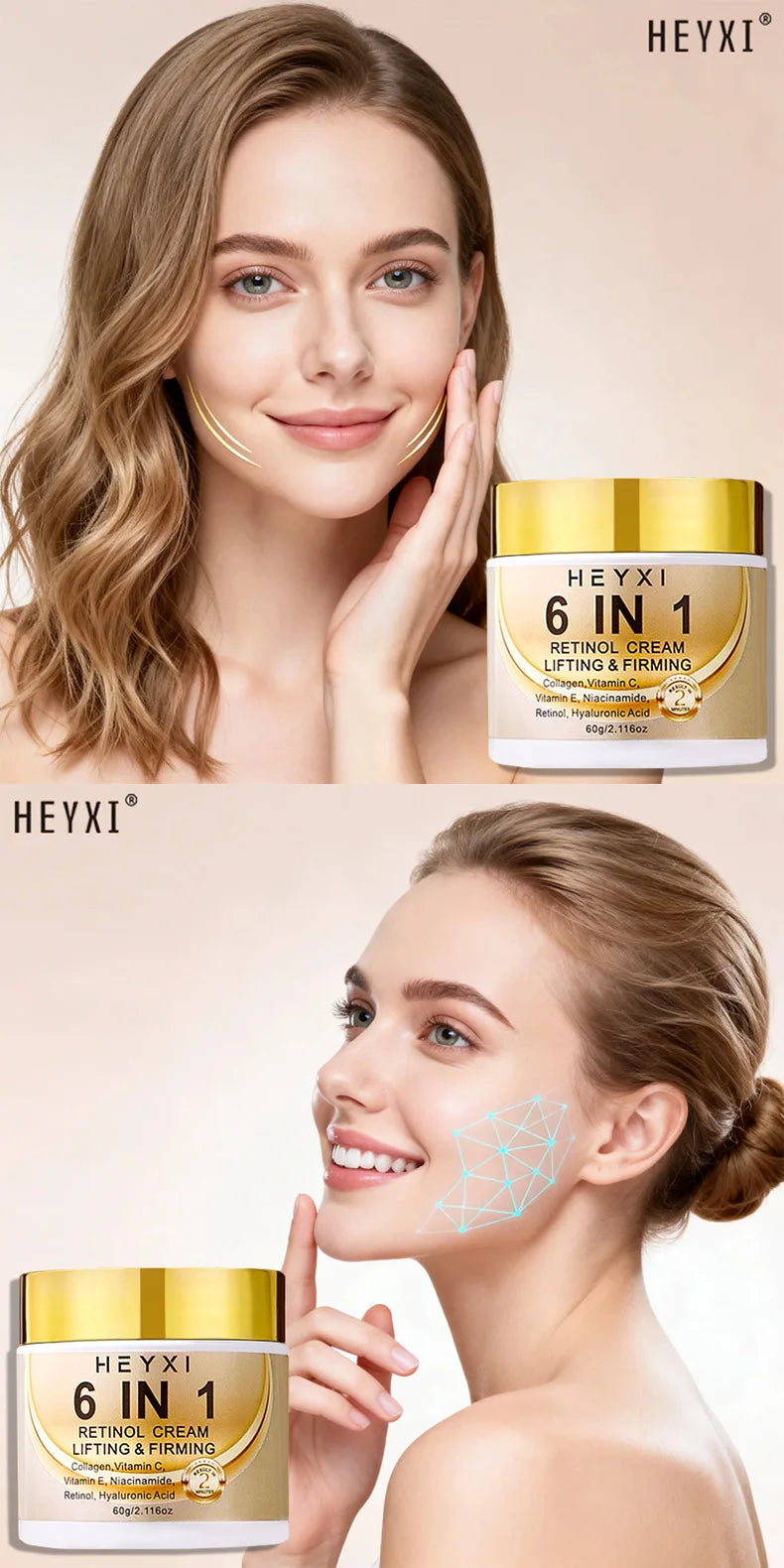 Heyxi 6-in-1 Retinol Face Cream Anti-Aging Moisturizer and Firming Lotion