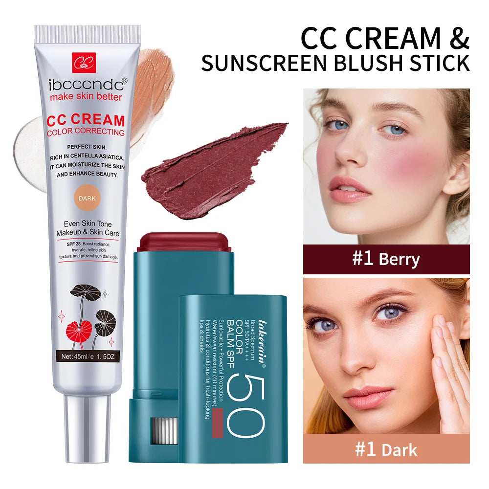 Color Correcting CC Cream and Sunscreen Blush Stick Set