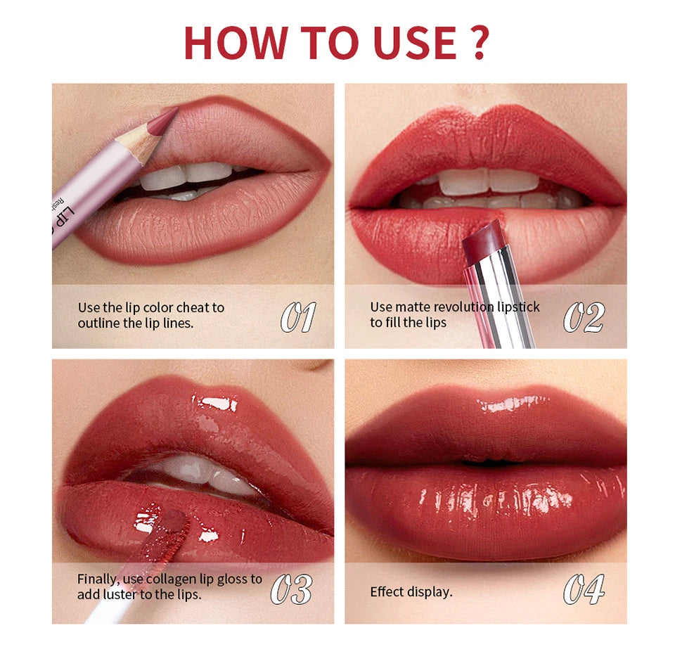 All-in-One Waterproof Lip Liner, Lipstick and Gloss Makeup Set