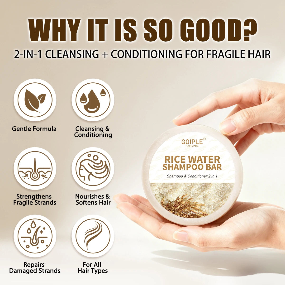 Rice Water Shampoo Bar 2-in-1 Cleansing and Conditioning Hair Soap - 10