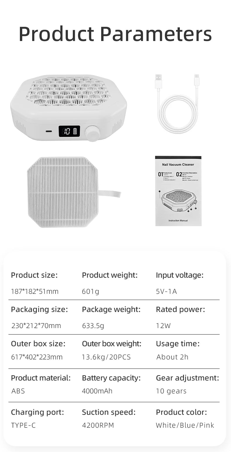Rechargeable Cordless Nail Dust Collector for Manicures